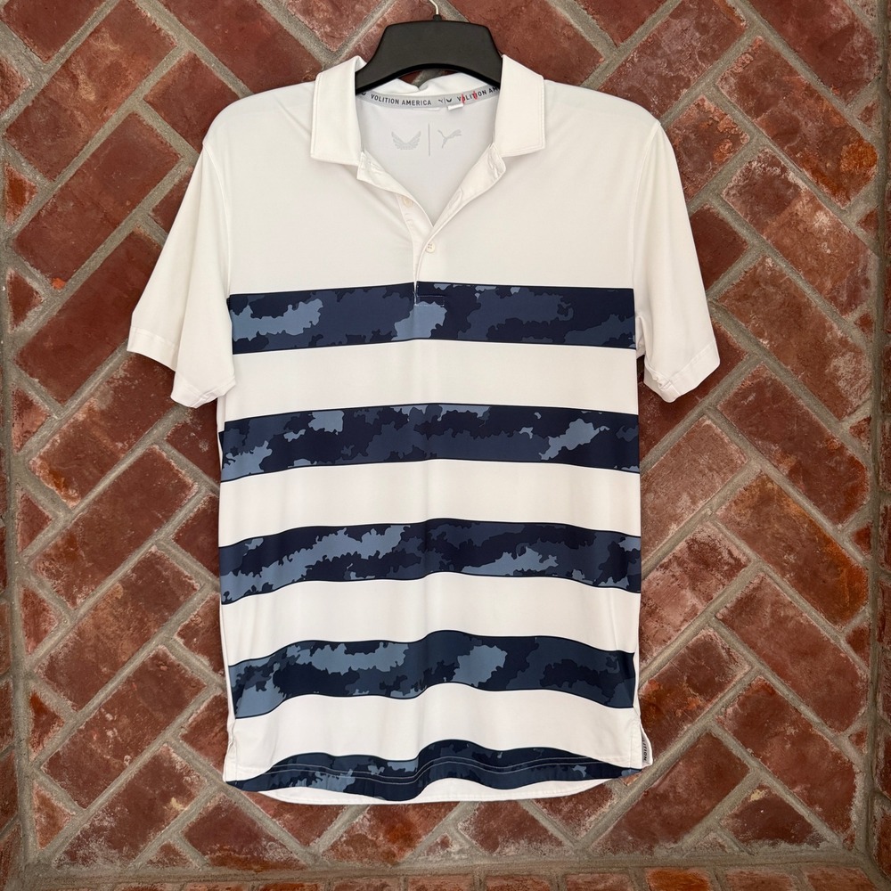Puma Volition America Mens Golf Polo‎ White Blue Camo Stripe Palmetto Dunes M
